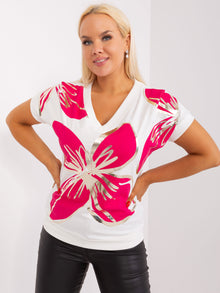 Ecru-fuksjowa bluzka plus size z nadrukiem