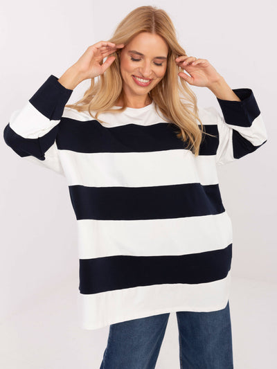 Ecru-granatowa bluzka oversize w paski