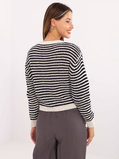 RUE PARIS Ecru-granatowy sweter ze srebrnymi guzikami