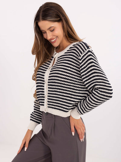 RUE PARIS Ecru-granatowy sweter ze srebrnymi guzikami