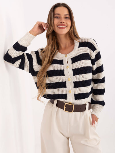 RUE PARIS Ecru-granatowy elegancki sweter w paski
