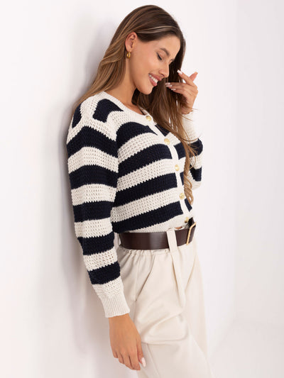 RUE PARIS Ecru-granatowy elegancki sweter w paski