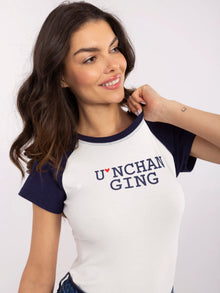 Ecru-granatowy damski t-shirt z nadrukiem