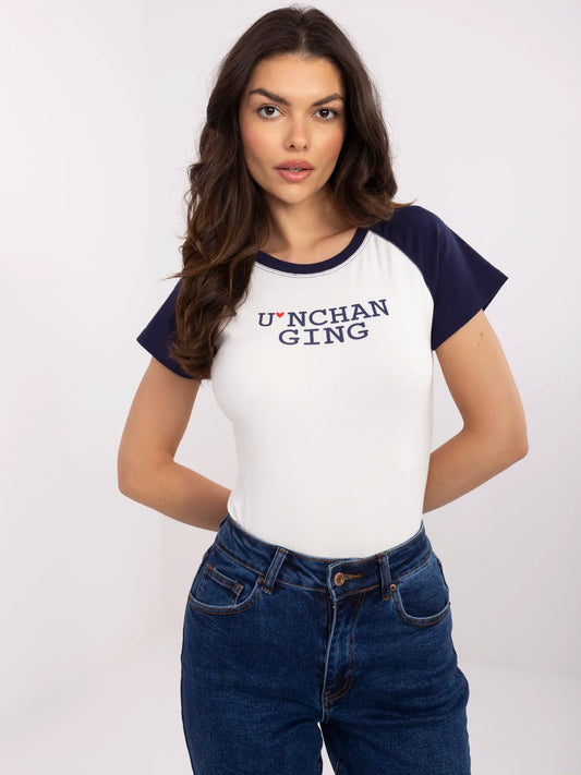 Ecru-granatowy damski t-shirt z nadrukiem