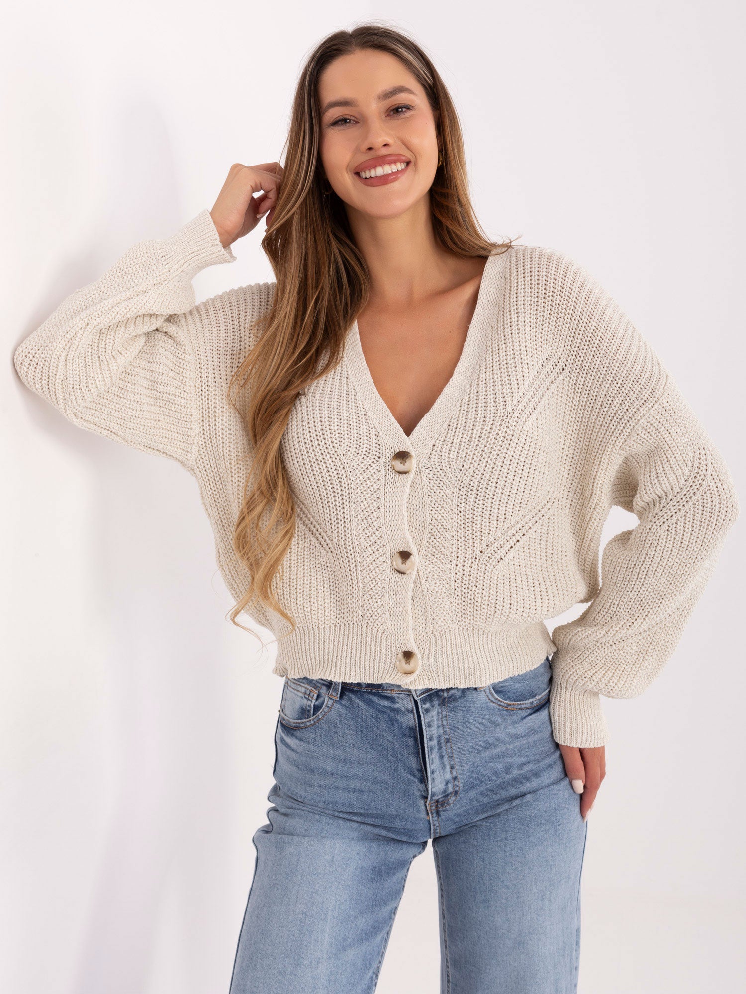 RUE PARIS Ecru rozpinany sweter oversize