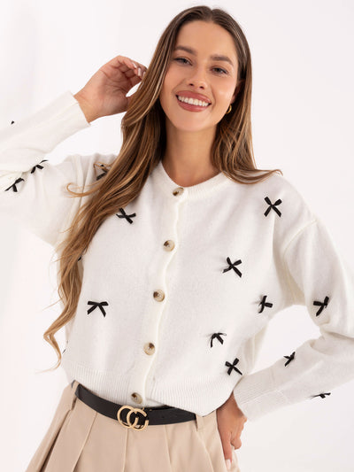 RUE PARIS Ecru rozpinany sweter z kokardkami