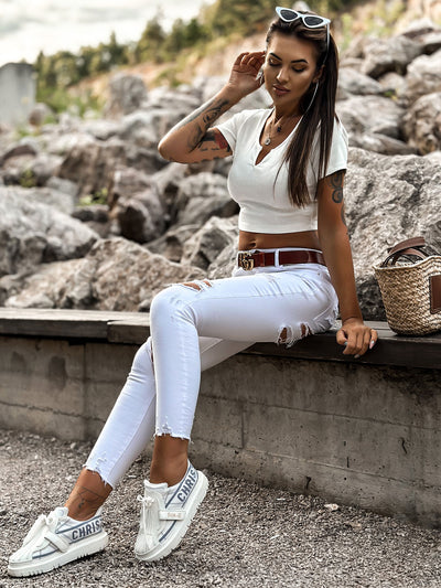 Ecru top basic w prążek z wycięciem MAYFLIES