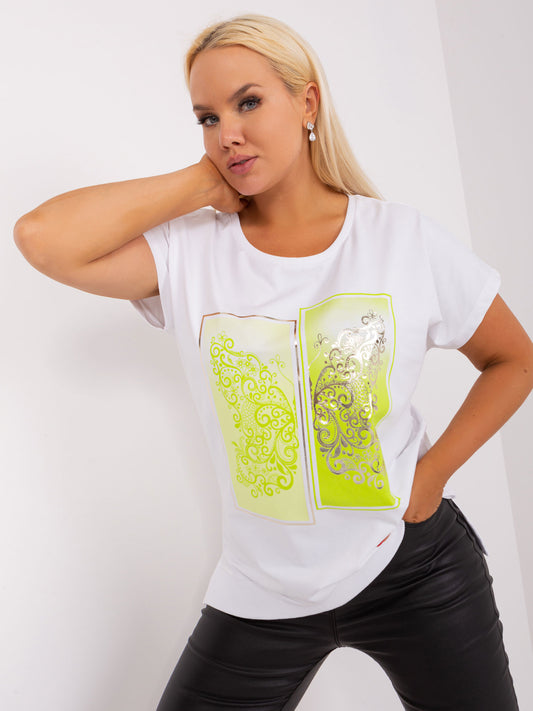 Ecru-limonkowa bluzka plus size z printem