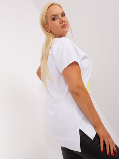 Ecru-limonkowa bluzka plus size z printem