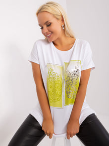 Ecru-limonkowa bluzka bawełniana plus size z krótkim rękawem