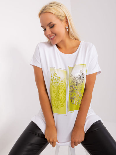 Ecru-limonkowa bluzka bawełniana plus size z krótkim rękawem