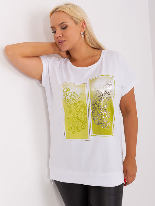 Ecru-limonkowa bluzka bawełniana plus size z krótkim rękawem