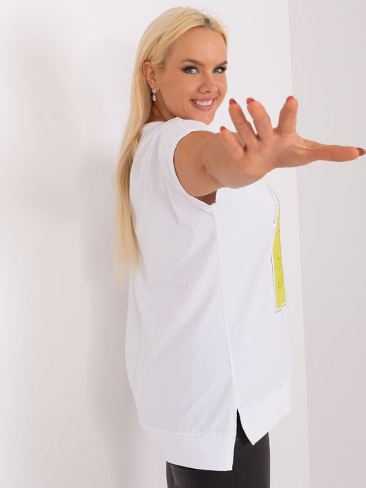 Ecru-limonkowa bluzka bawełniana plus size z krótkim rękawem
