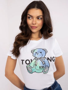 Ecru-miętowy damski t-shirt z cekinami