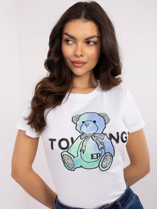 Ecru-miętowy damski t-shirt z cekinami