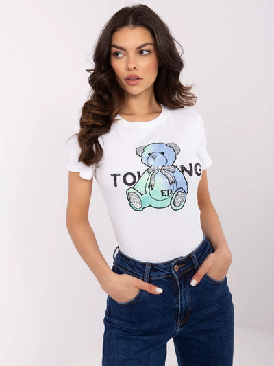 Ecru-miętowy damski t-shirt z cekinami