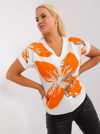 Ecru-pomarańczowa bluzka plus size ze ściągaczami