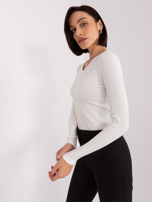 Ecru dopasowana bluzka basic z długim rękawem BASIC FEEL GOOD