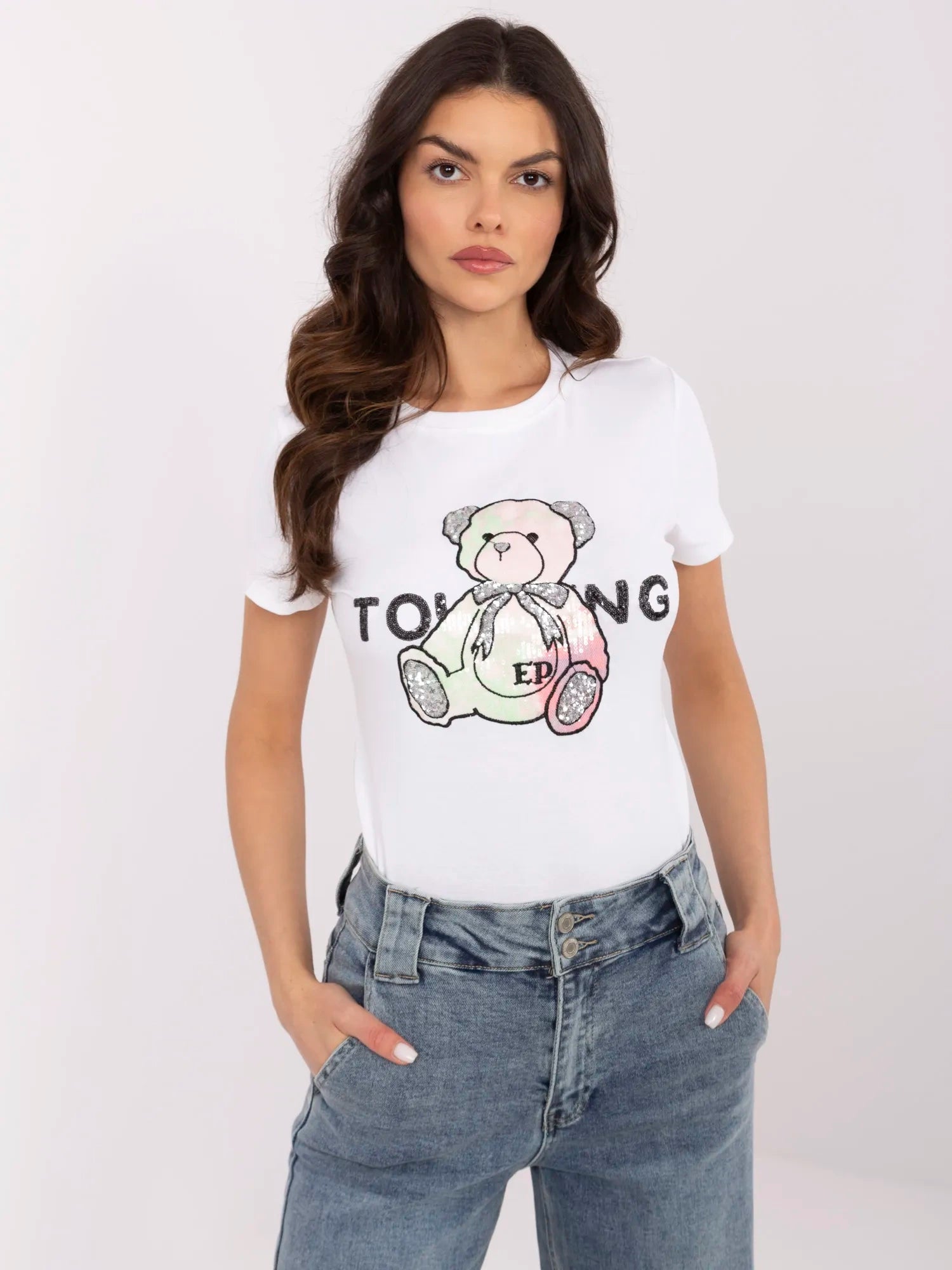 Ecru-różowy damski t-shirt z bawełny