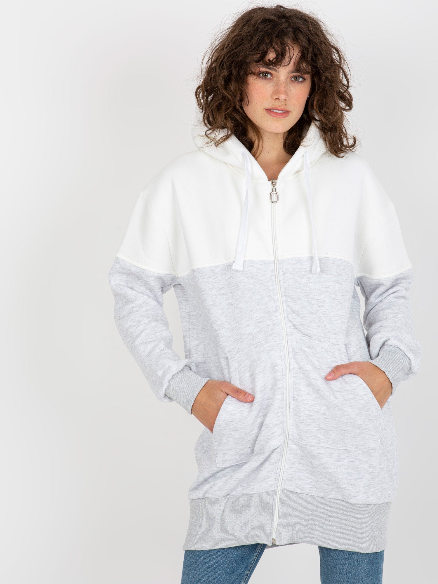Ecru-szara dresowa długa bluza basic z suwakiem