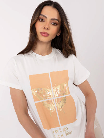 Ecru t-shirt z nadrukiem motyla