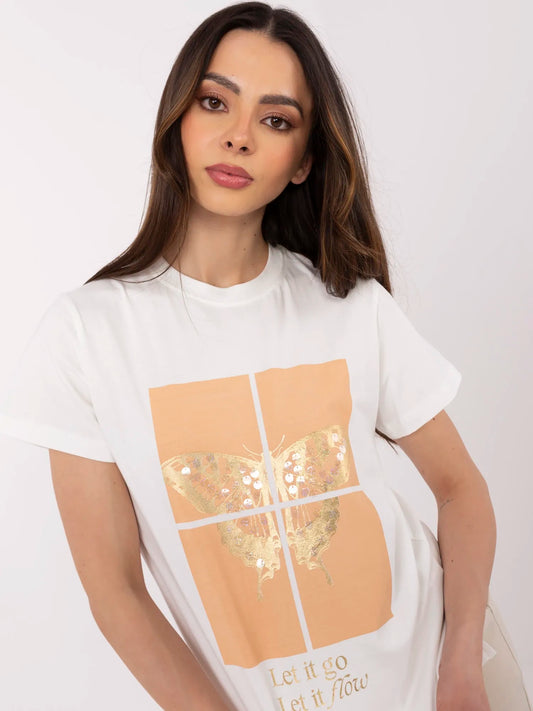 Ecru t-shirt z nadrukiem motyla
