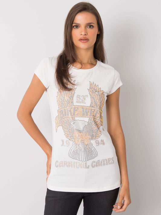 Ecru t-shirt damski z aplikacją