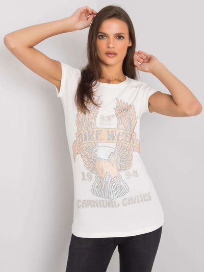 Ecru t-shirt damski z aplikacją