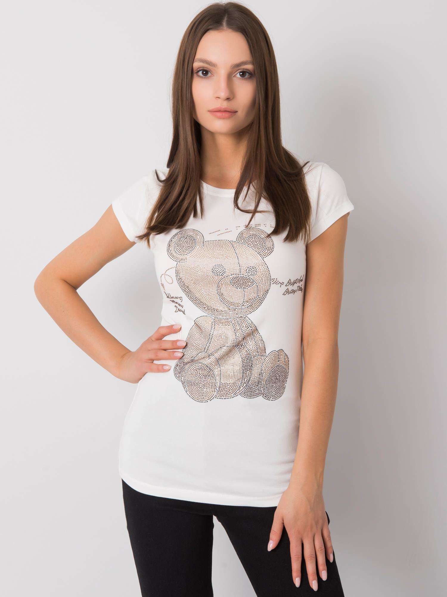 Ecru t-shirt damski z dżetami