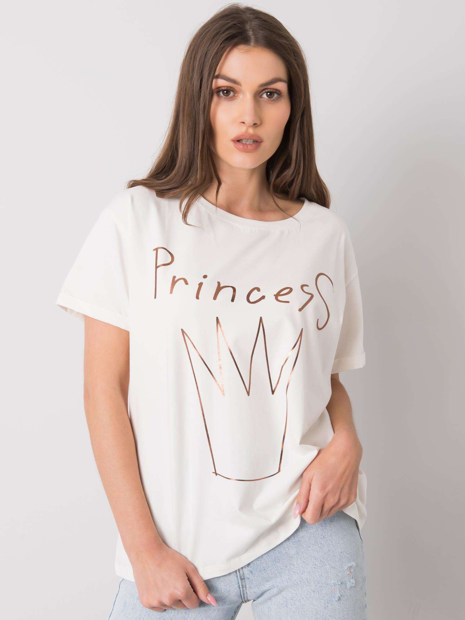 Ecru damski t-shirt bawełniany z nadrukiem
