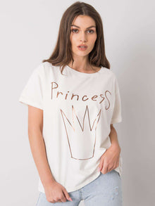 Ecru damski t-shirt bawełniany z nadrukiem