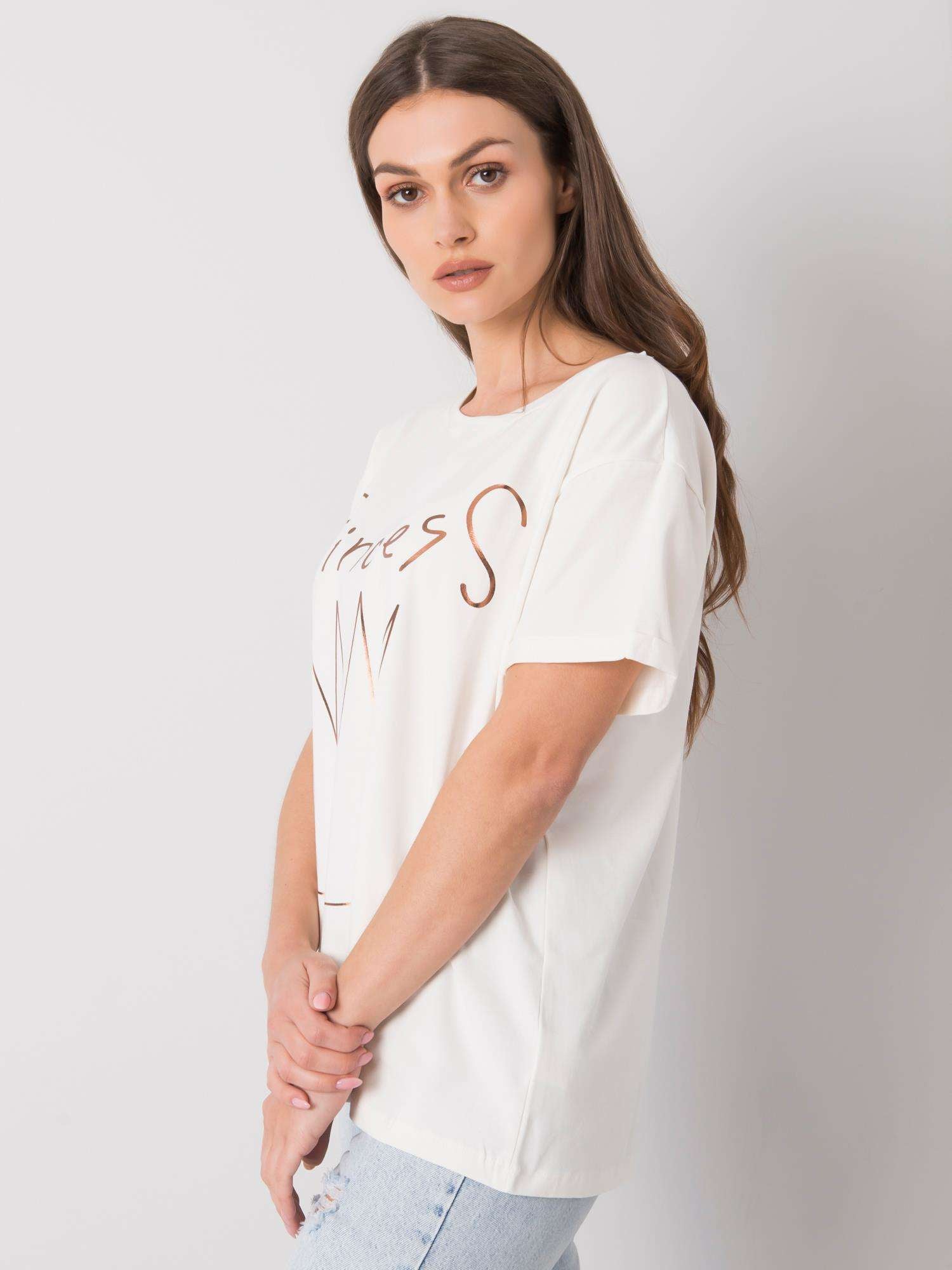 Ecru damski t-shirt bawełniany z nadrukiem