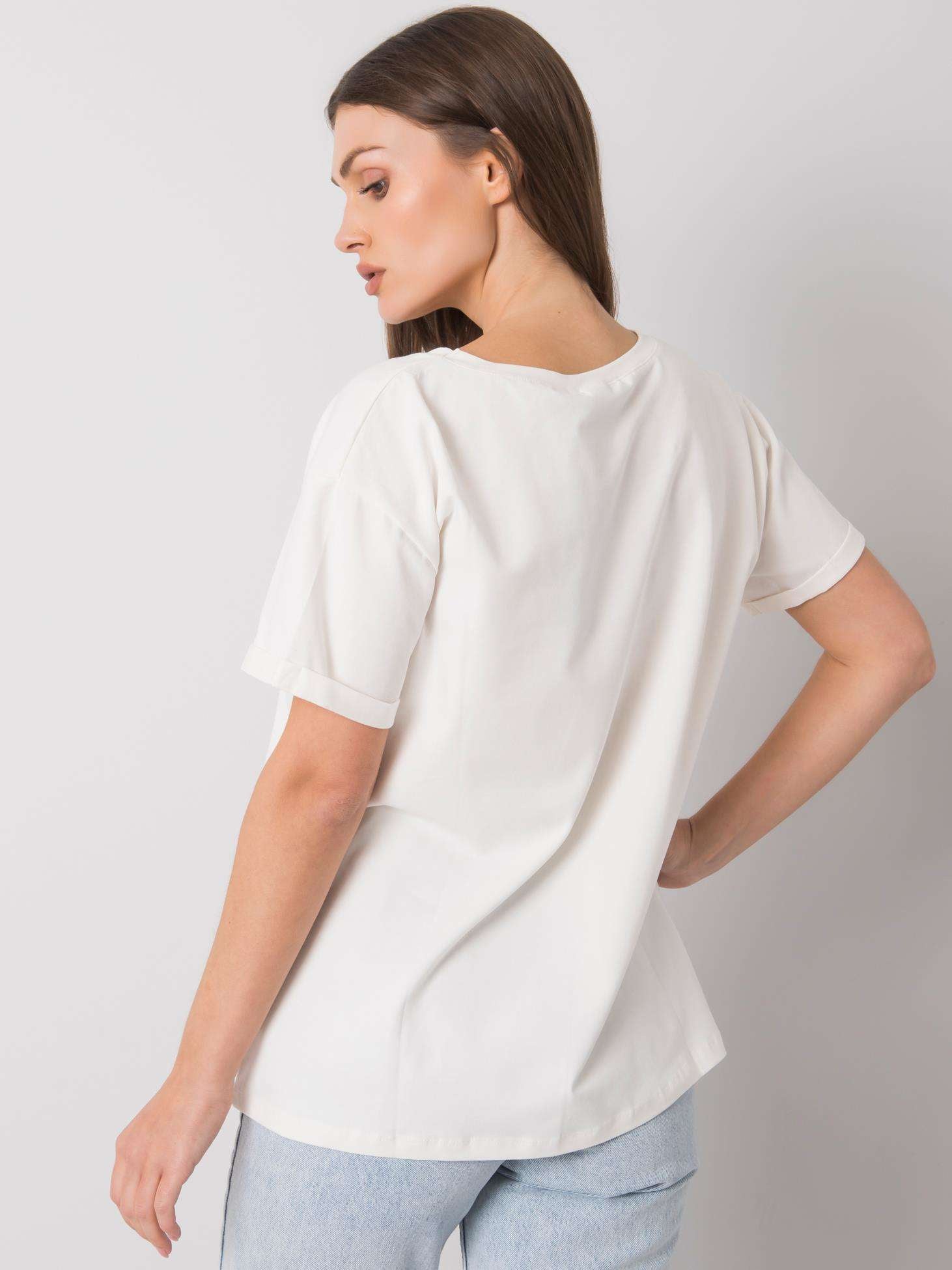 Ecru damski t-shirt bawełniany z nadrukiem