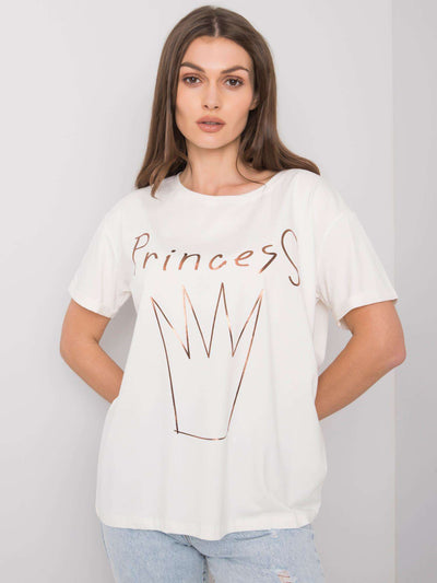 Ecru damski t-shirt bawełniany z nadrukiem