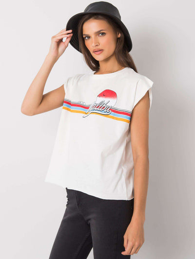 Ecru bawełniany t-shirt damski z nadrukiem