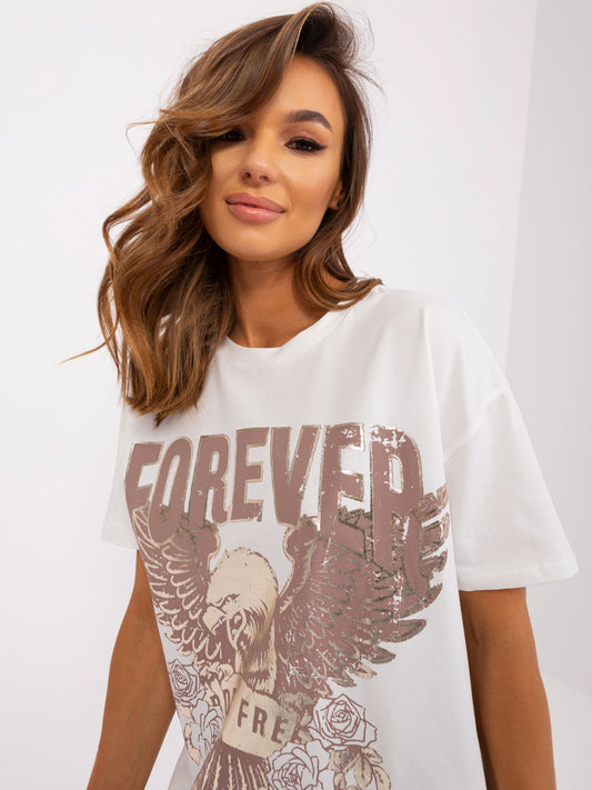 Ecru bawełniany t-shirt z nadrukiem OCH BELLA