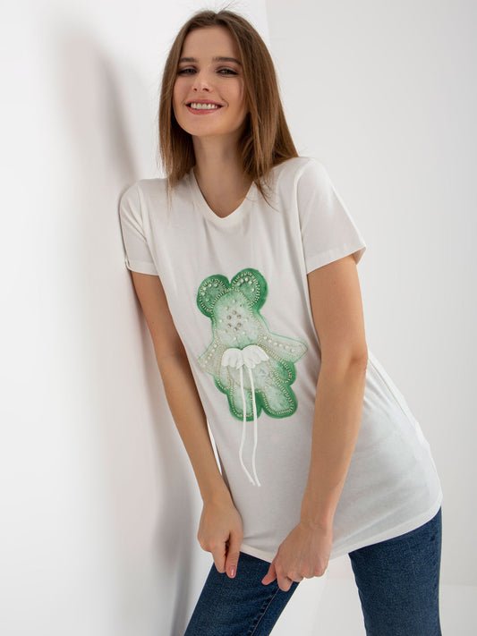 Ecru-zielony bawełniany damski t-shirt z aplikacją 3D
