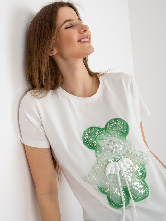 Ecru-zielony bawełniany damski t-shirt z aplikacją 3D