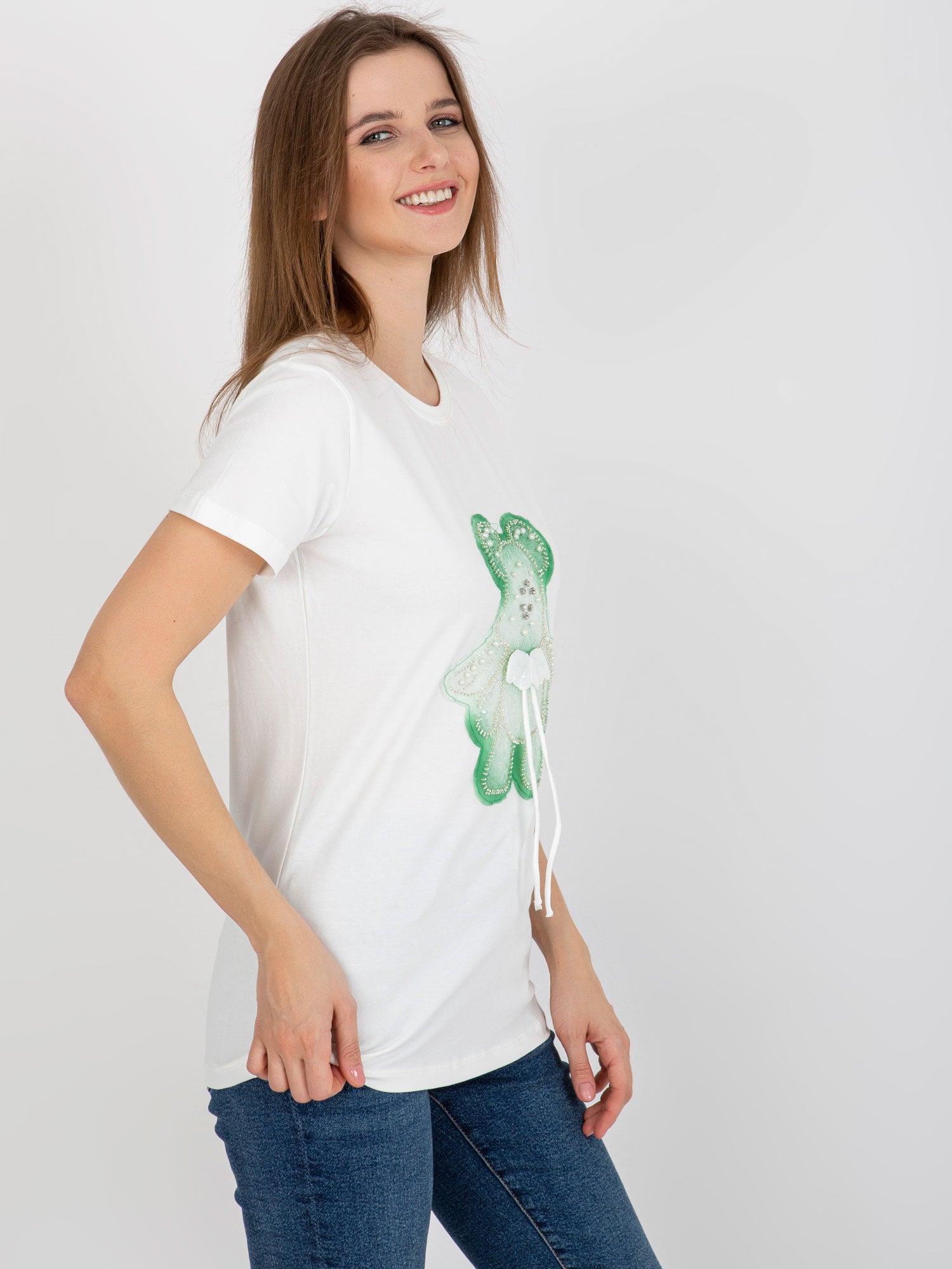 Ecru-zielony bawełniany damski t-shirt z aplikacją 3D