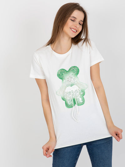Ecru-zielony bawełniany damski t-shirt z aplikacją 3D
