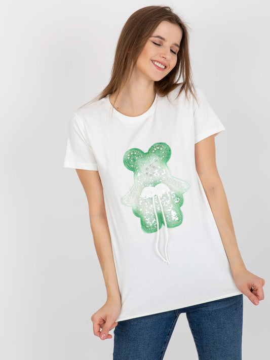 Ecru-zielony bawełniany damski t-shirt z aplikacją 3D