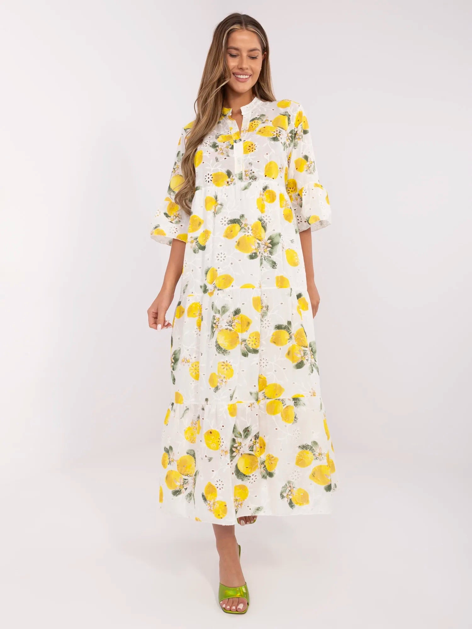 Ecru-żółta maxi sukienka oversize z falbaną