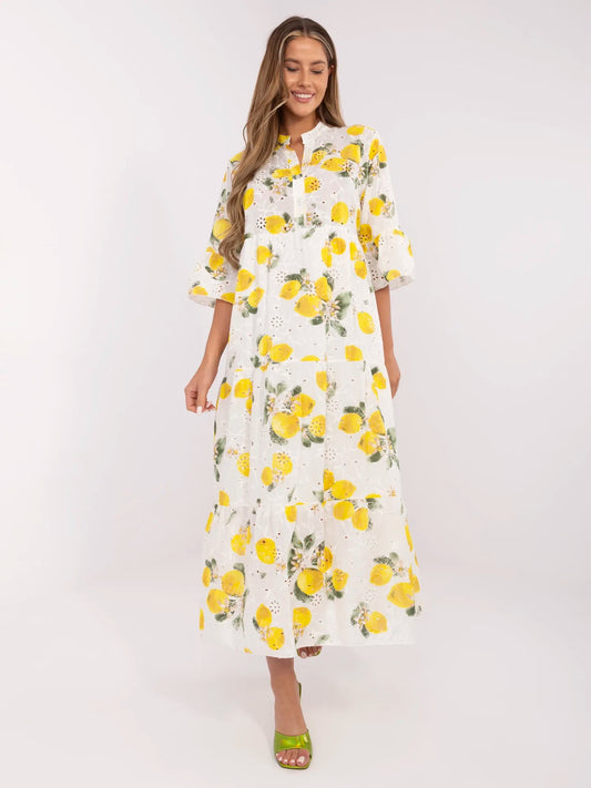 Ecru-żółta maxi sukienka oversize z falbaną
