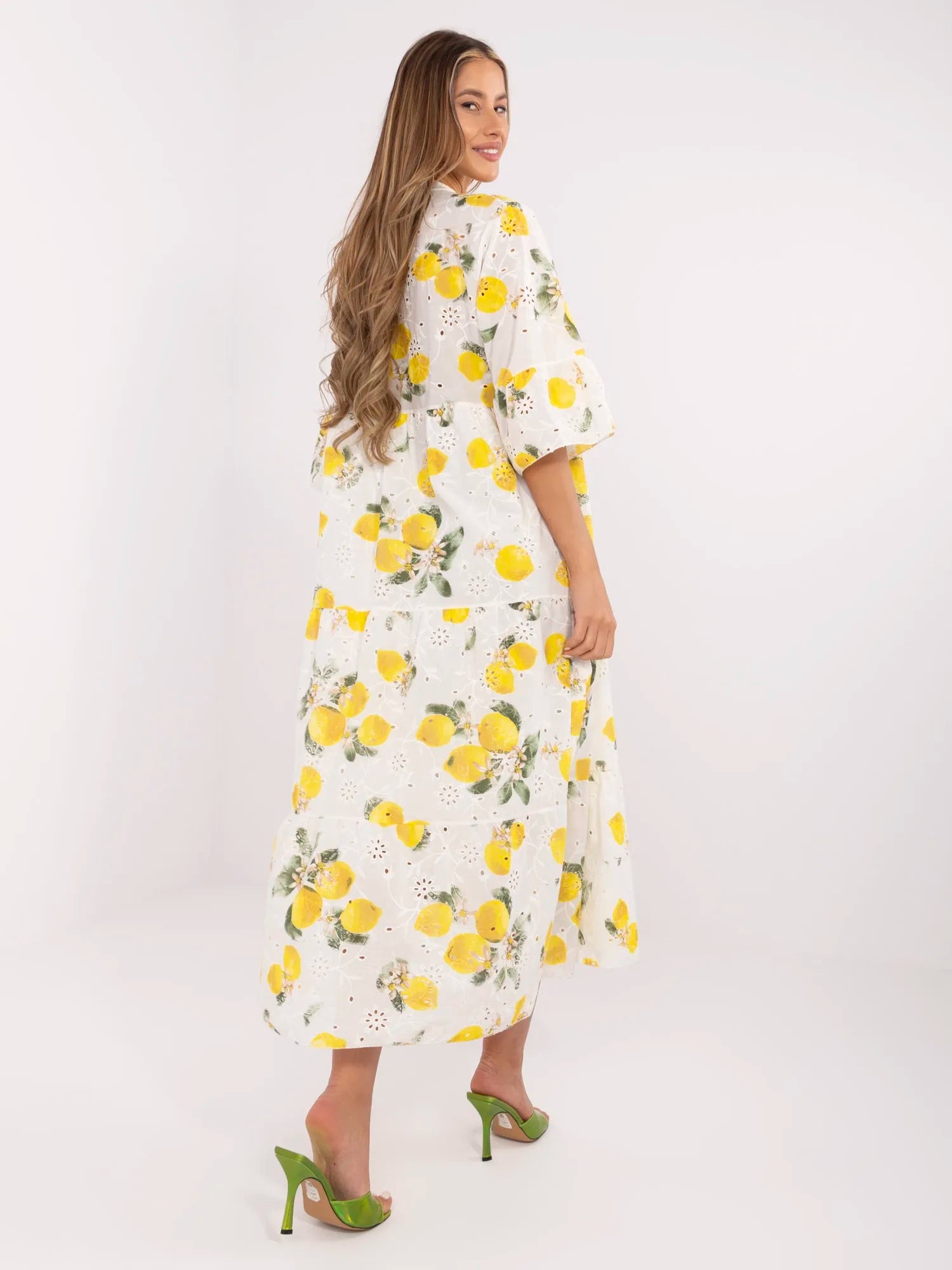 Ecru-żółta maxi sukienka oversize z falbaną