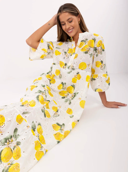 Ecru-żółta maxi sukienka oversize z falbaną