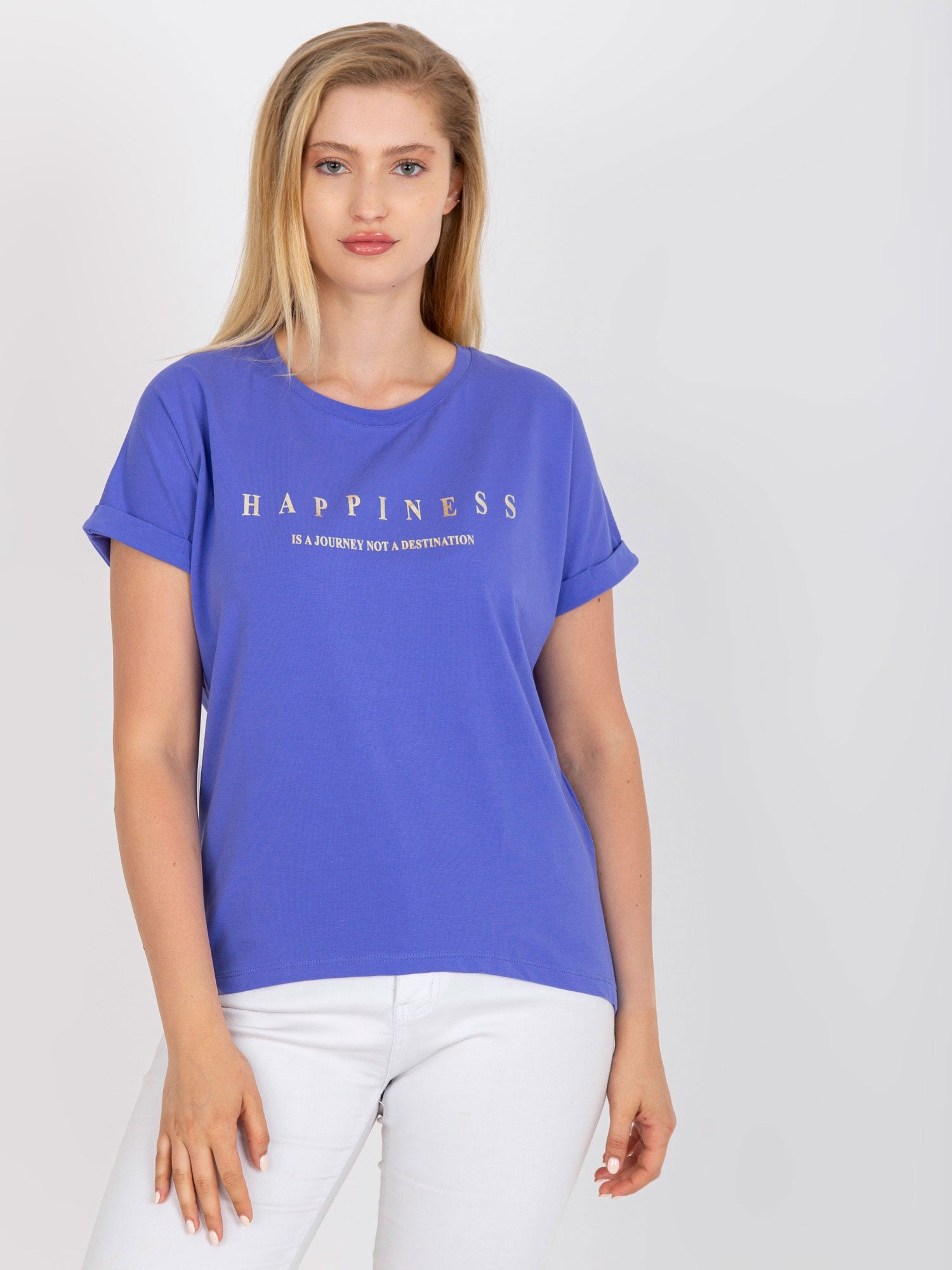 Fioletowy t-shirt plus size ze złotym napisem