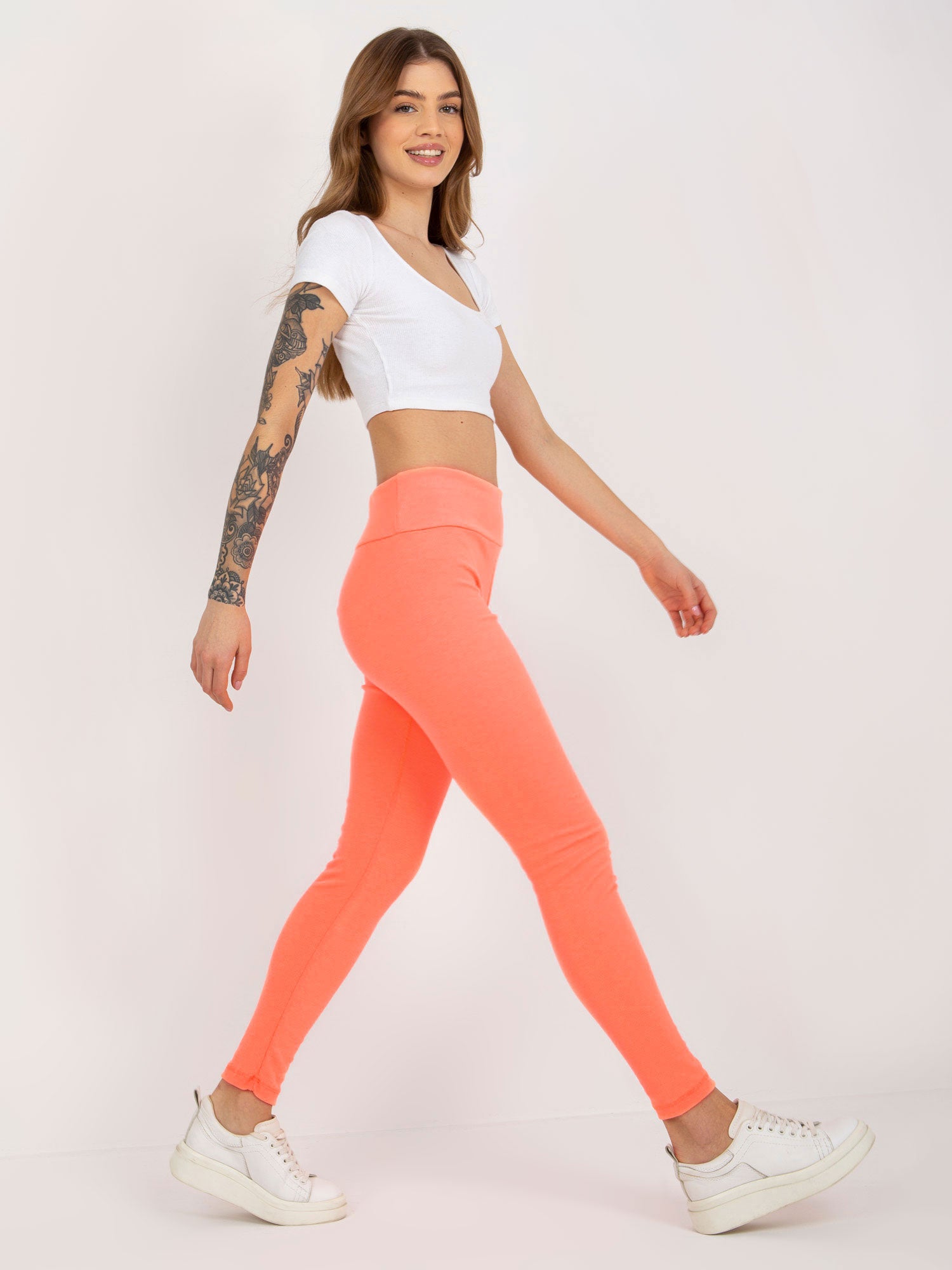 Fluo pomarańczowe prążkowane legginsy basic high waist