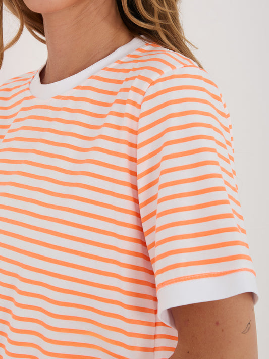 RUE PARIS Fluo pomarańczowo-biały damski t-shirt z bawełny