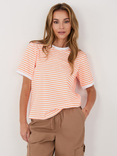 RUE PARIS Fluo pomarańczowo-biały damski t-shirt z bawełny