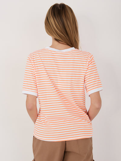 RUE PARIS Fluo pomarańczowo-biały damski t-shirt z bawełny